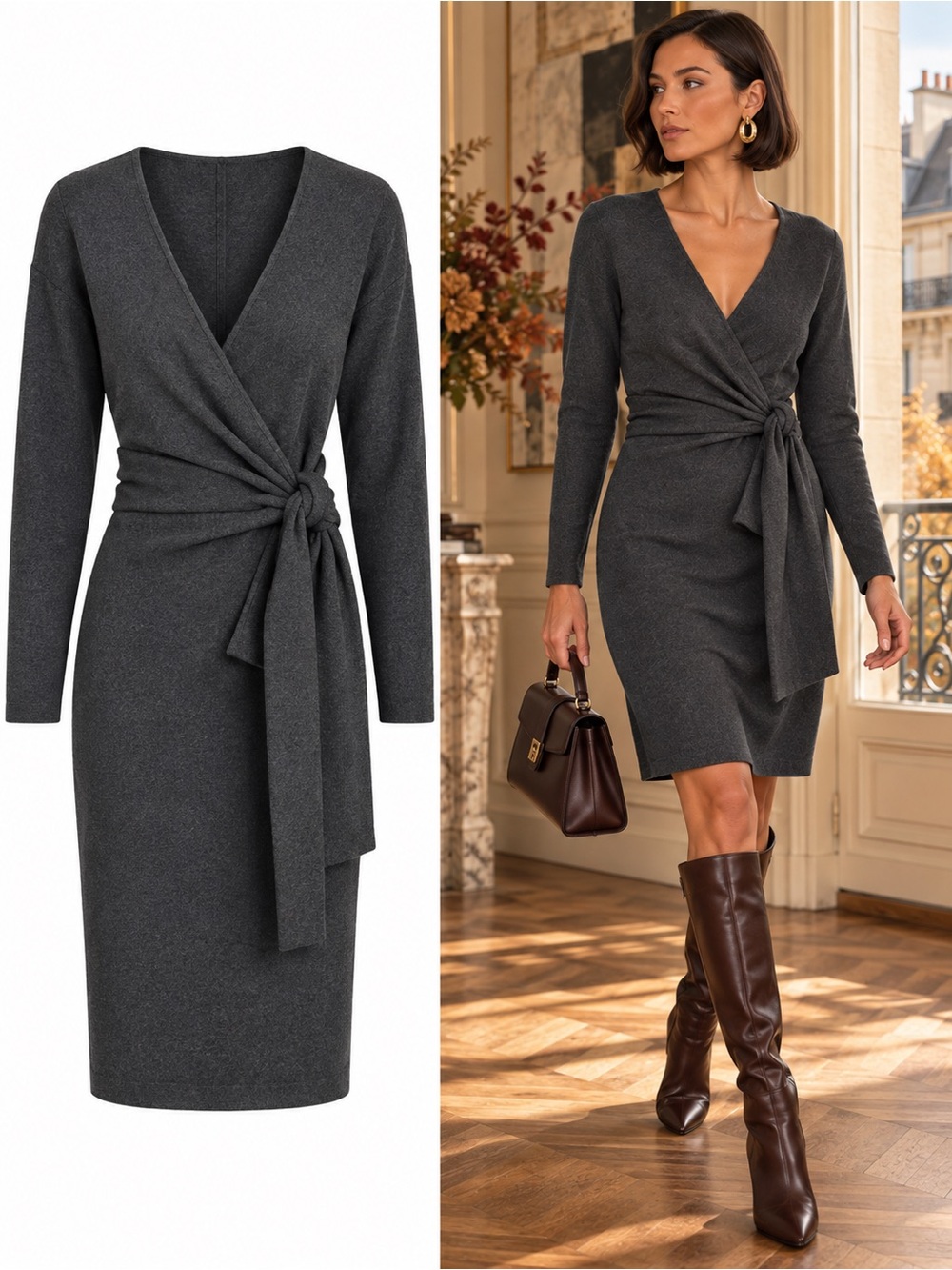 Brochu Walker Hailen Charcoal Gray Wrap Front Tie Sweater Dress Size Medium